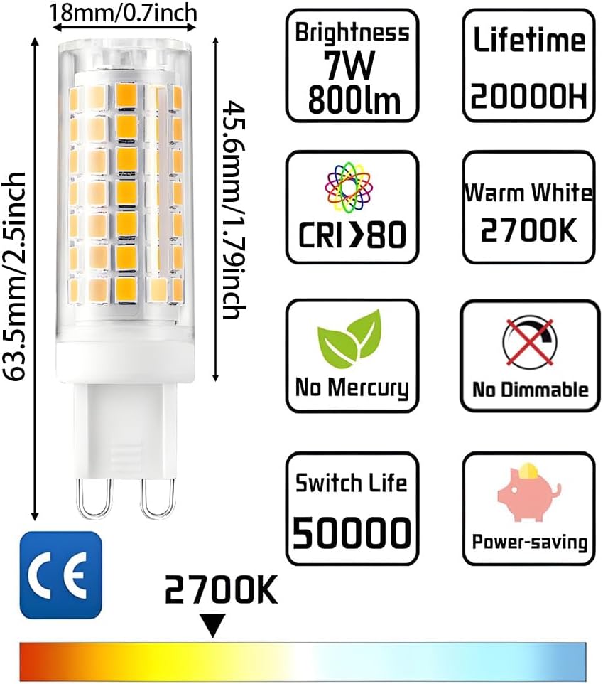 G9 LED Bulbs 7W G9 Bi-Pin Base 70W Halogen Bulbs Equivalent Warm White 2700K 800lm T4 Lamp Bulb, Non-Flicker
