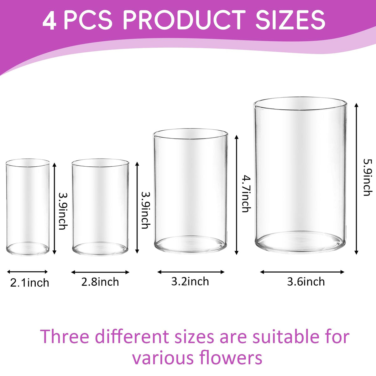 48pcs Glass Vase Cylinder for Centerpieces 4, 4, 4.7, 6Inch Tall Small Flower Glass Clear Home Decor Centerpiece Table