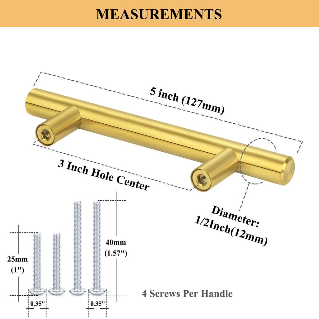 30Pack 3''Hole Centers Gold Cabinet Handles-Brushed Brass Cabinet Pulls Gold Dresser Drawer Pulls-Stainless Steel