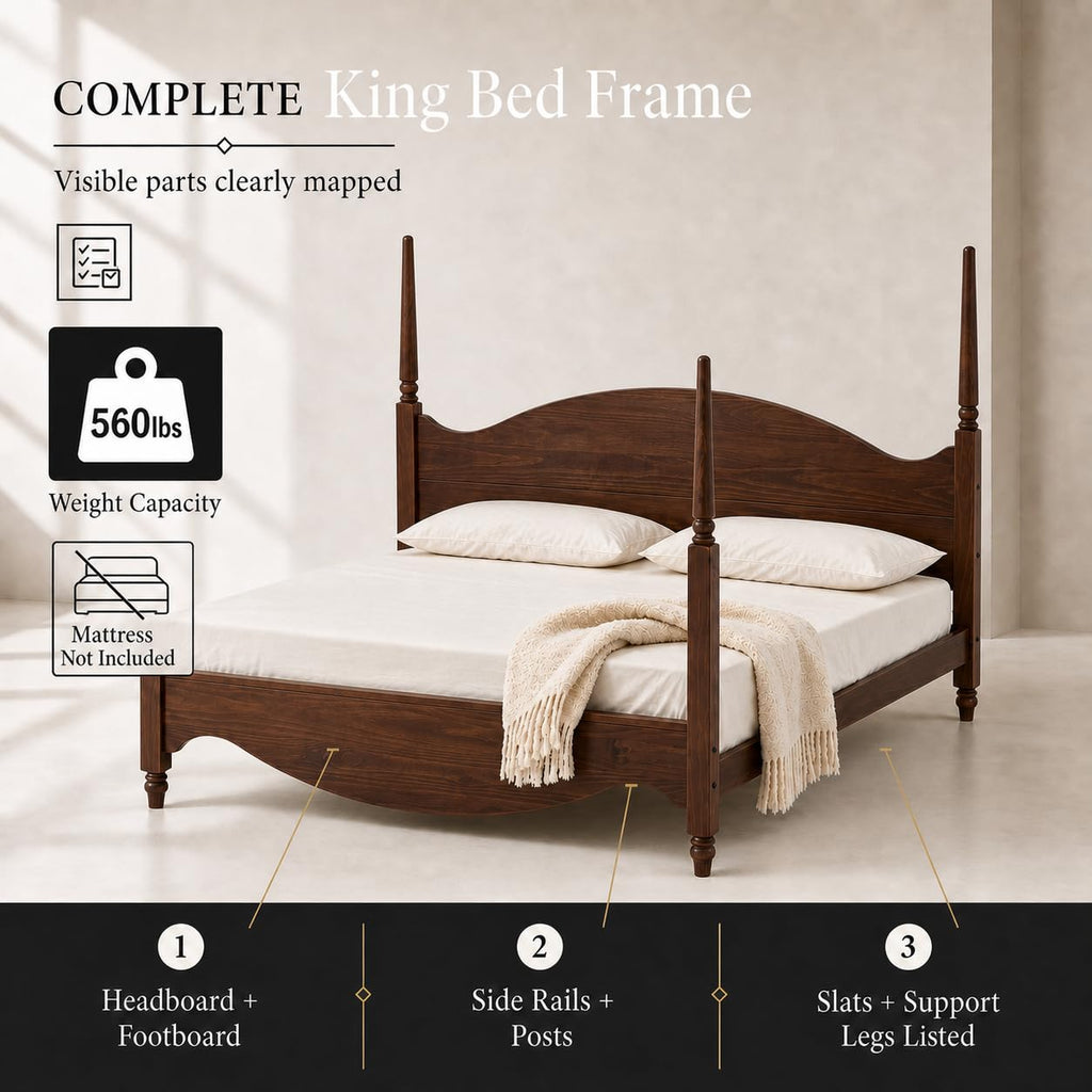 Brixton Solid Pine Wood Four-Poster Bed, Arched Headboard, Walnut