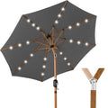 10ft Solar Market Patio Umbrella w/Woodgrain Pattern Pole, LED Lights, Tilt & Crank - Outdoor Sun Shade for Backyard
