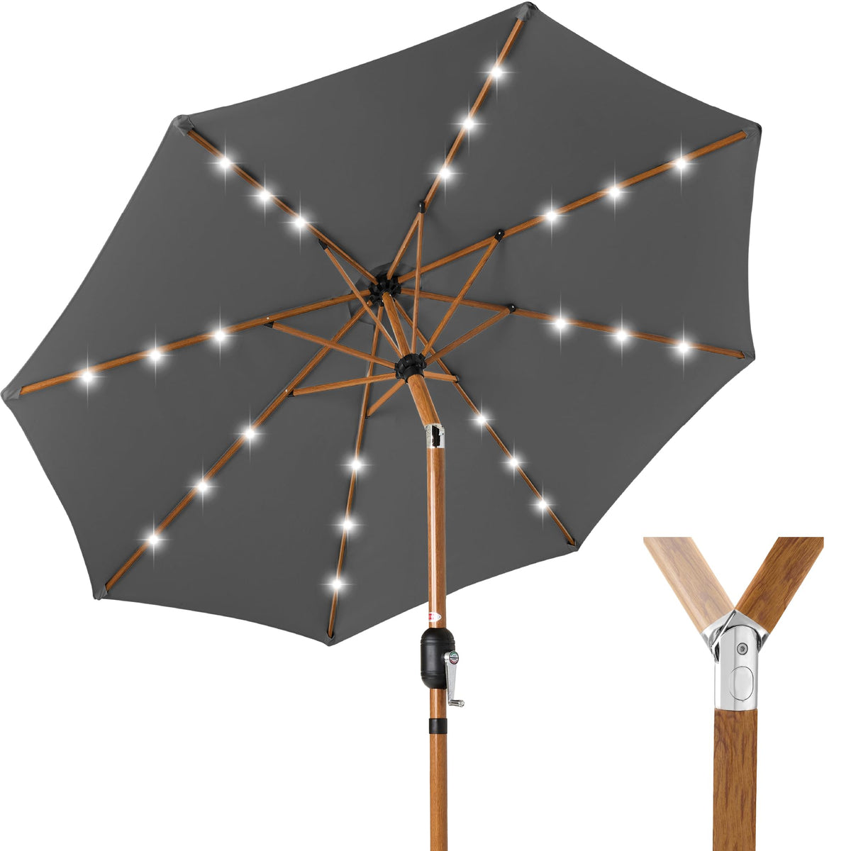 10ft Solar Market Patio Umbrella w/Woodgrain Pattern Pole, LED Lights, Tilt & Crank - Outdoor Sun Shade for Backyard