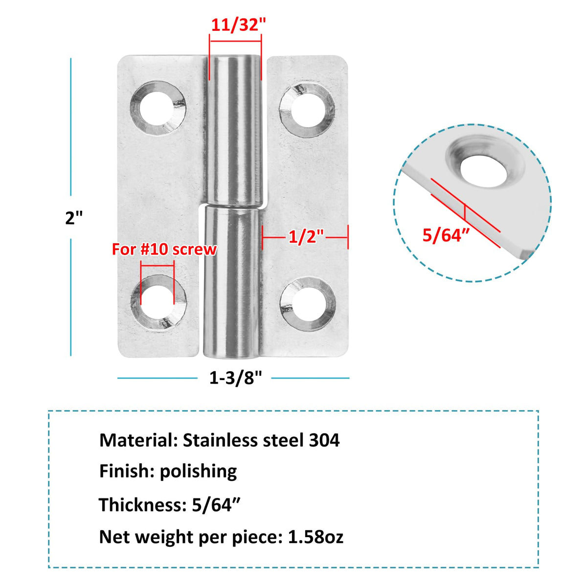 12 Pack H-Shaped Lift Off Hinge for Cabinet Door, 2" x 1-3/8", Left & Right