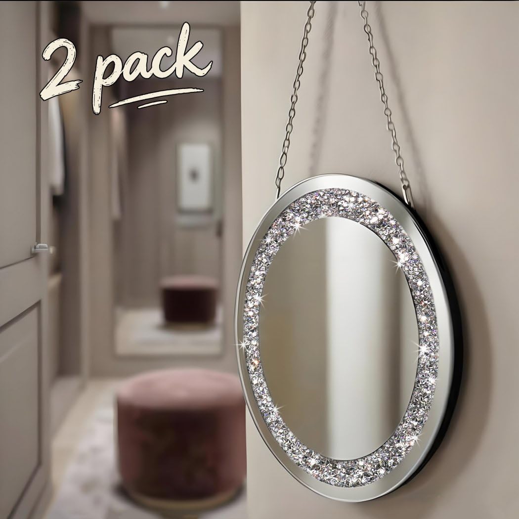 Crystal Crush Diamond Silver Mirror 2 Pack Diameter 12inch Round Shape with Iron Chain Real Glass Mirror for Wall