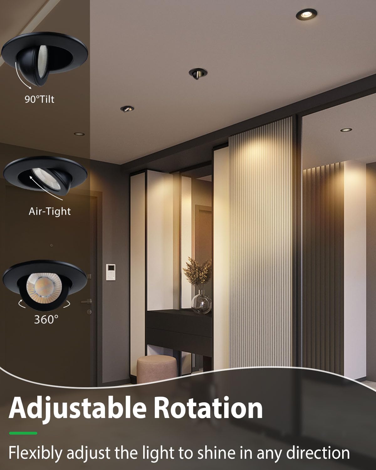 3 Inch Gimbal LED Recessed Lights, 5CCT, 7W 800LM, Black 1 Pack