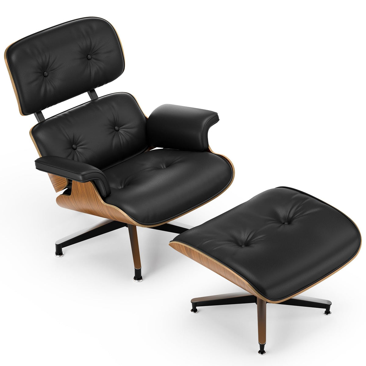 Inspired Eames Style Mid Century Modern Top Grain Leather Chaise Lounge Chair & Ottoman