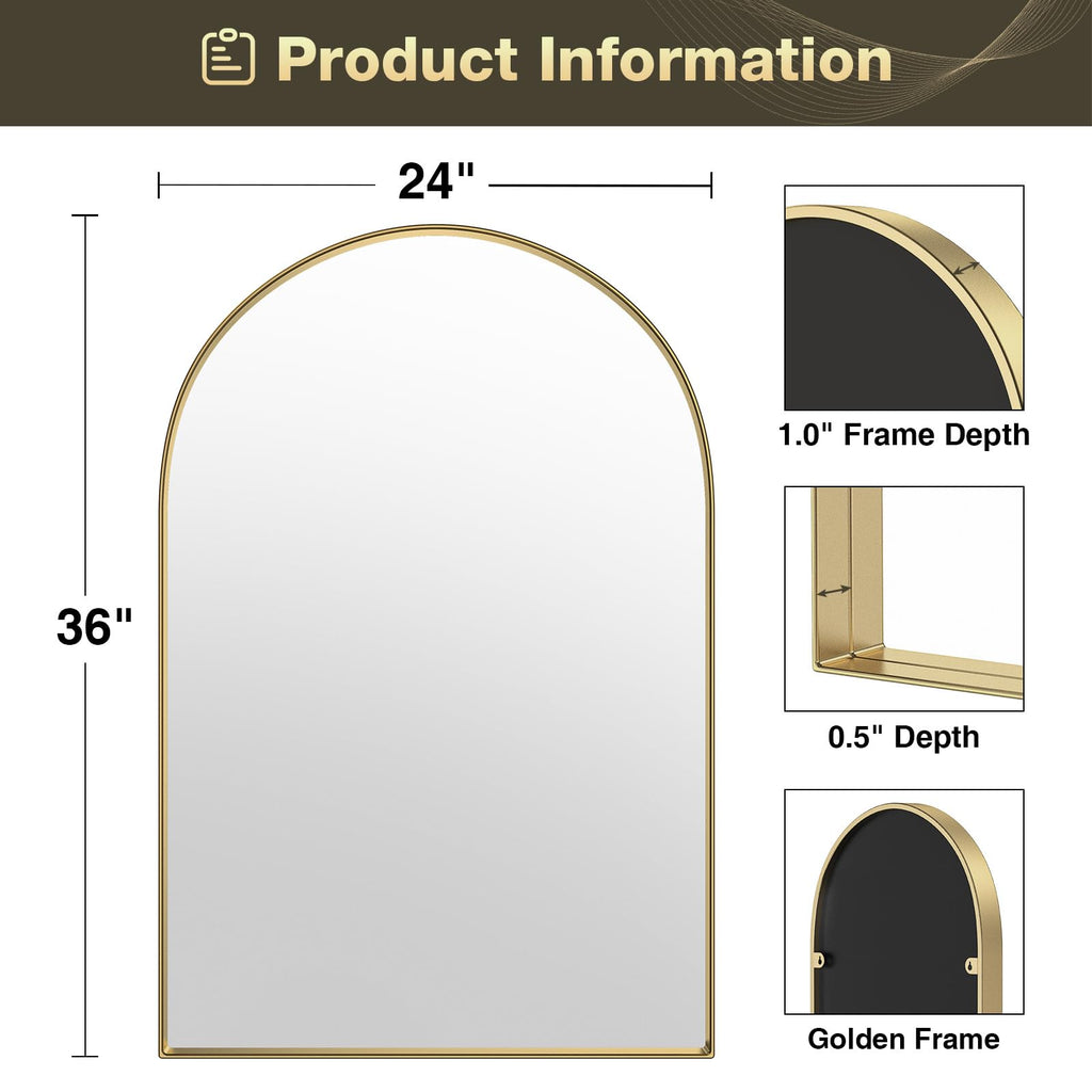 Arched Mirror, 24 x 36 Inch Gold Arch Mirror, Metal Frame Gold Arched Wall Mirror, Arched Top Bathroom Vanity Mirror