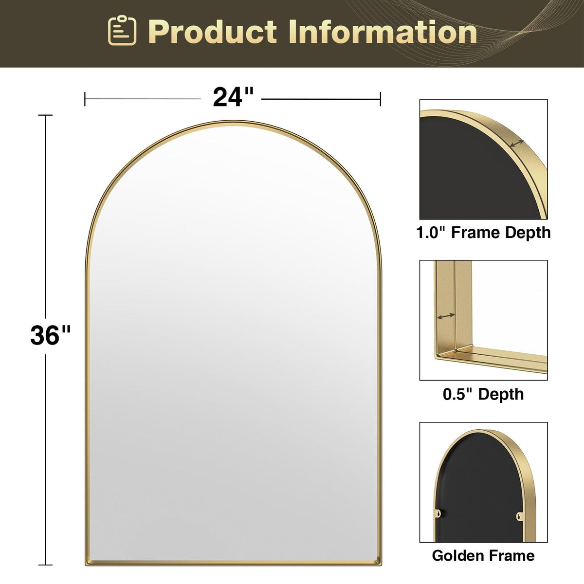 Arched Mirror, 24 x 36 Inch Gold Arch Mirror, Metal Frame Gold Arched Wall Mirror, Arched Top Bathroom Vanity Mirror