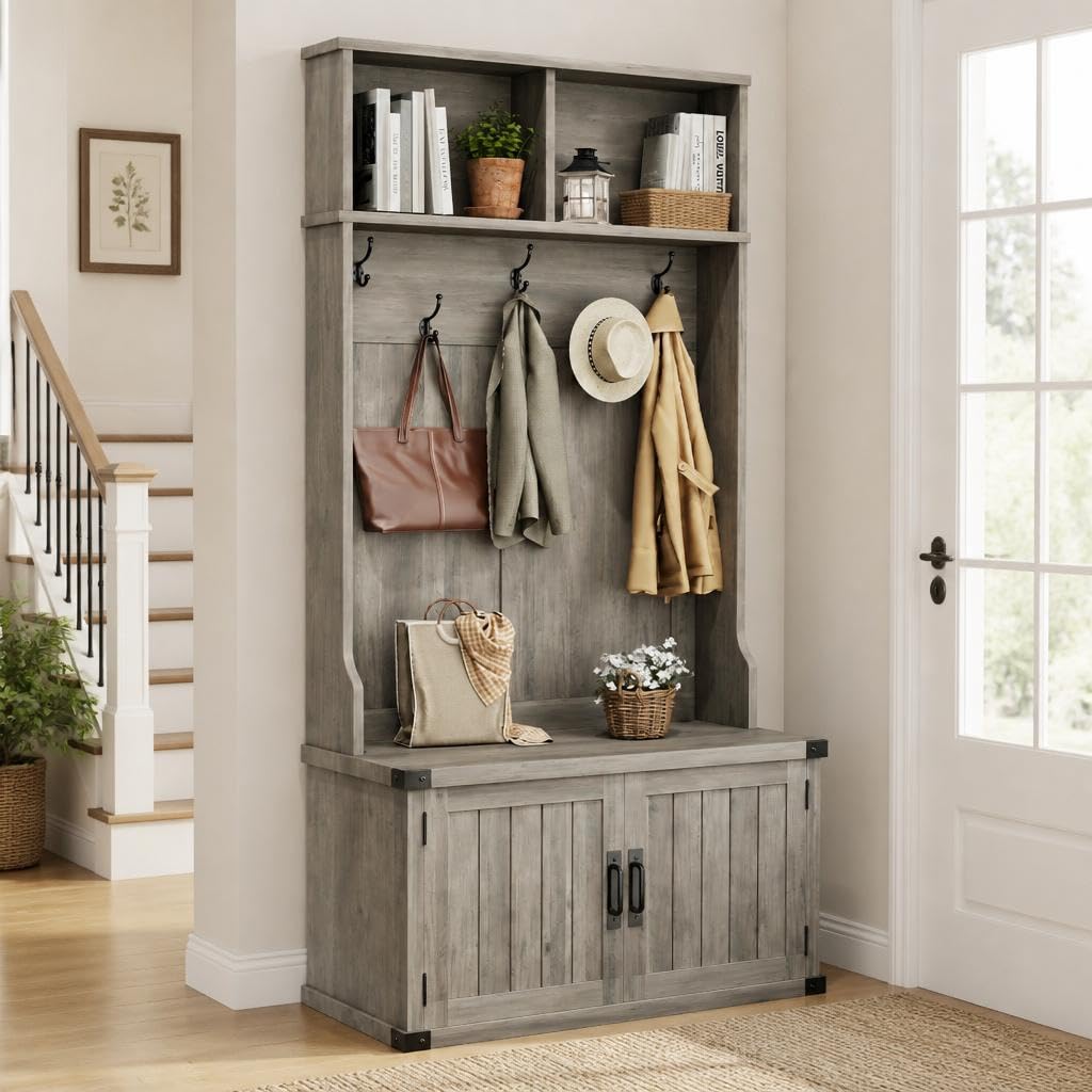 Farmhouse Hall Tree, Entryway Coat Rack with Closed Shoe Cabinet