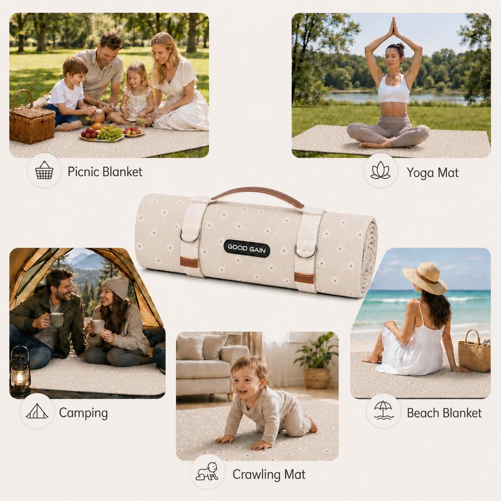 Picnic Blanket Waterproof Outdoor Machine Washable, Whiteflower