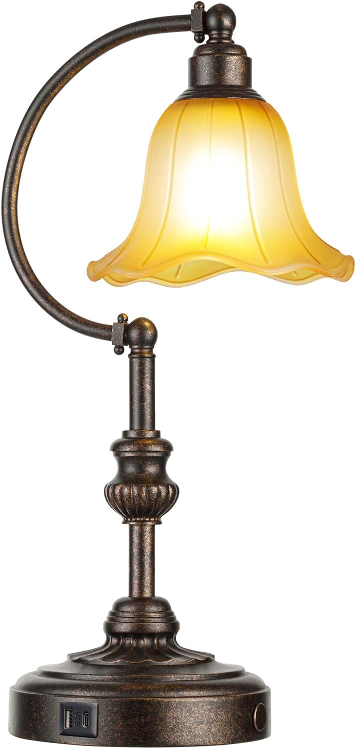 Farmhouse Table Lamp, 3-Way Dimmable Rustic Nightstand Lamp with USB A+C Ports