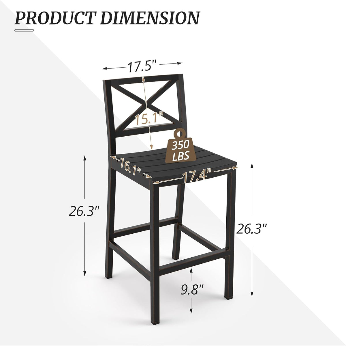 Outdoor Bar Stools Set of 2, 26 Inch All Weather HDPS Patio Counter Height Barstools with Back & Footrest, Aluminum