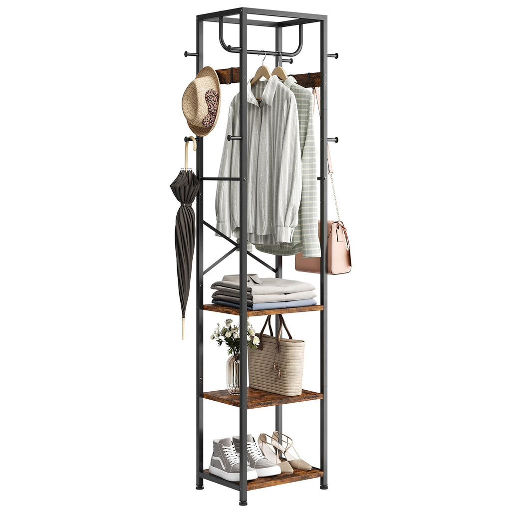 Coat Rack Freestanding, Hall Tree with 3 Shelves and 12 Hooks, Rustic Brown