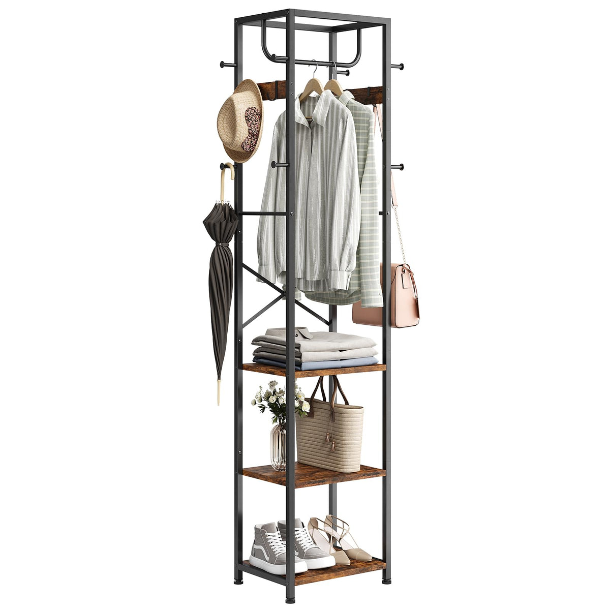 Coat Rack Freestanding, Hall Tree with 3 Shelves and 12 Hooks, Rustic Brown
