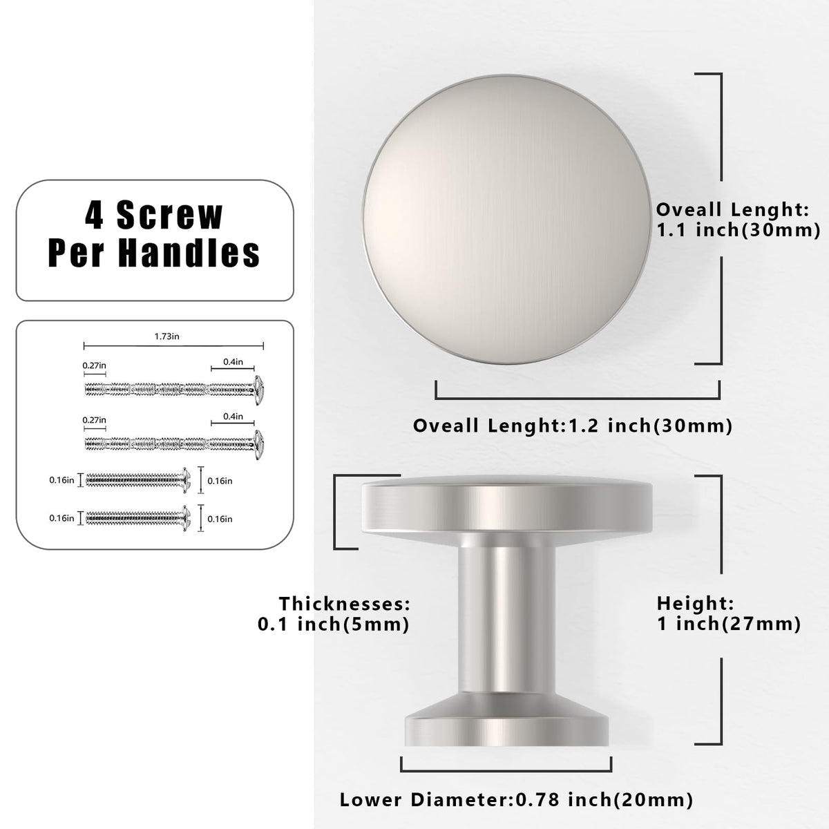 10 Pack Brushed Satin Nickel Cabinet Knobs 1-1/5 Inch(30mm) Single Hole Cabinet Pulls Round Kitchen Cabinet Knobs