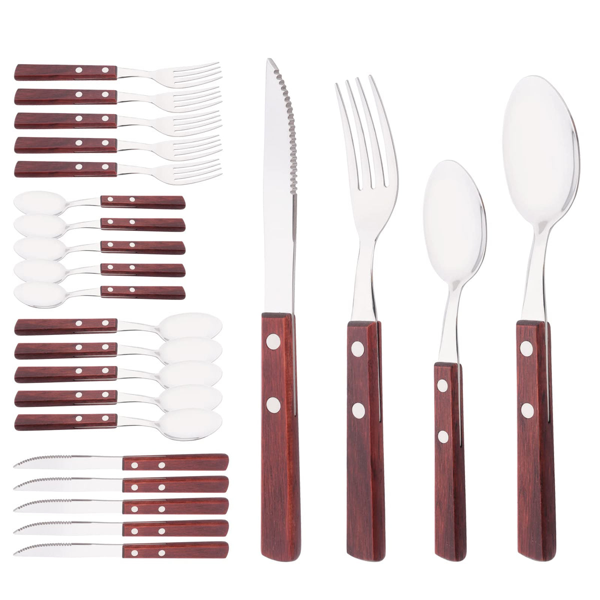 Wooden Handle Flatware Set, Knives Forks Spoons Set for 6, 24-Piece 304 Stainless Steel Kitchen Utensils Set