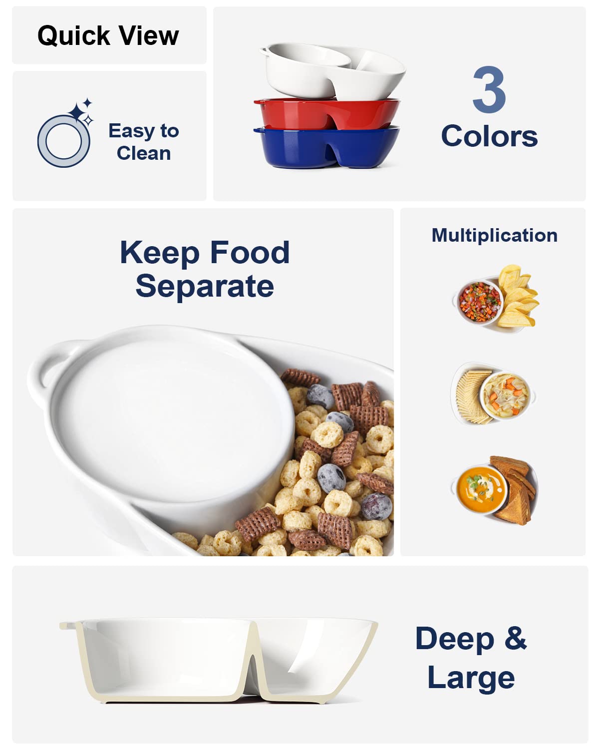 Chip and Dip Bowls, Anti-Soggy Cereal Bowl, Soup and Side/Cracker Bowls Sets for Breakfast, Soup and Sandwich, Bread