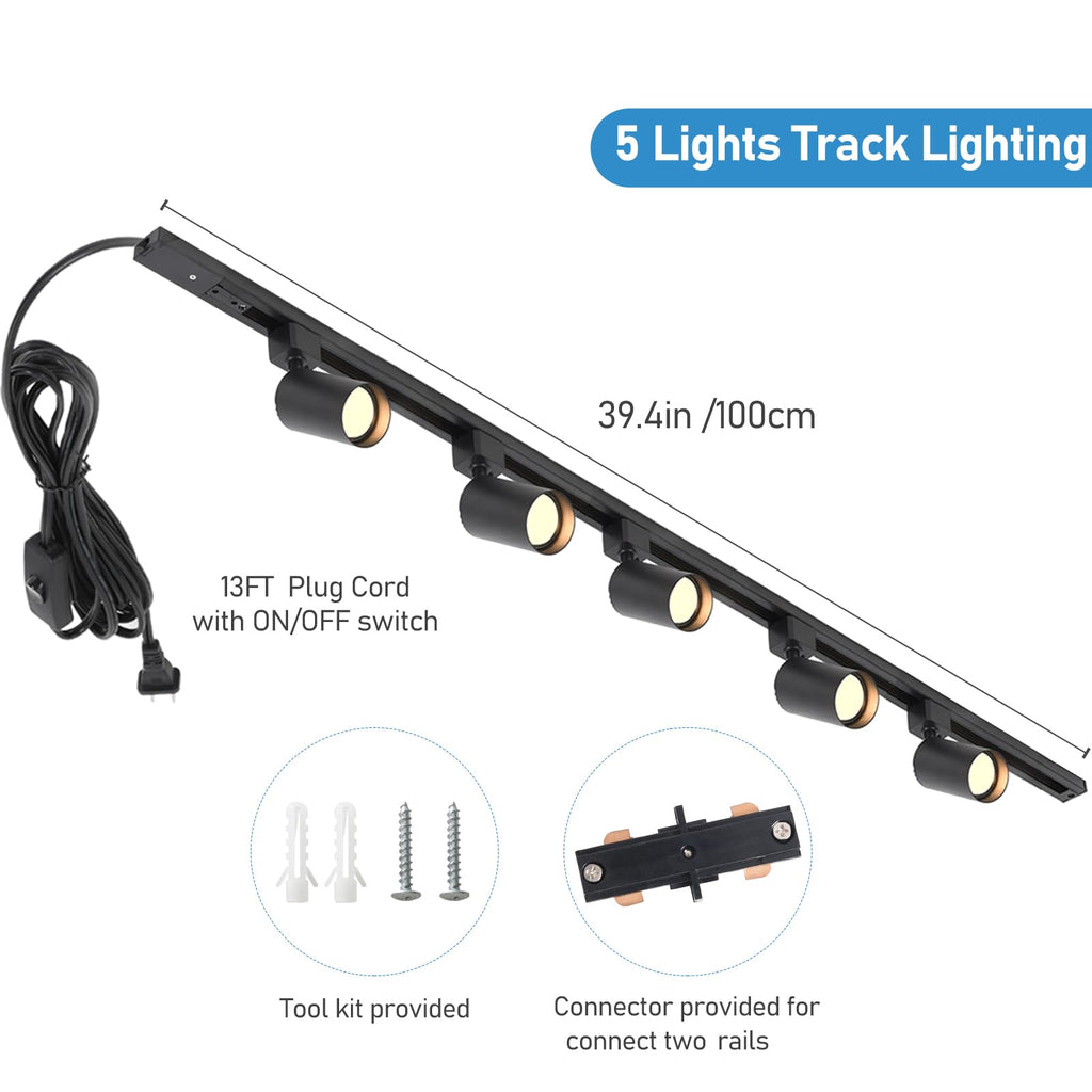 Plug in Track Lighting with Power Cord, 5-Light LED Track Lighting Kit with 39in Rail, Modern Kitchen GU10 Track