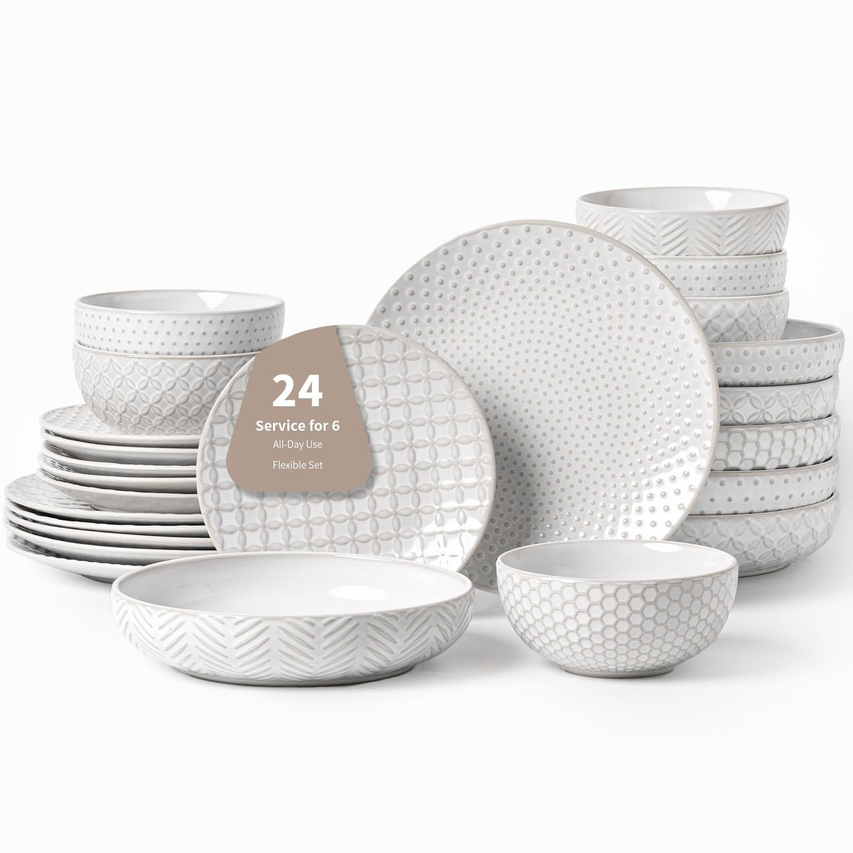 24 Piece Dinnerware Sets for 8, Premium Stoneware Plates and Bowls Sets with pasta and soup bowls, Microwave &