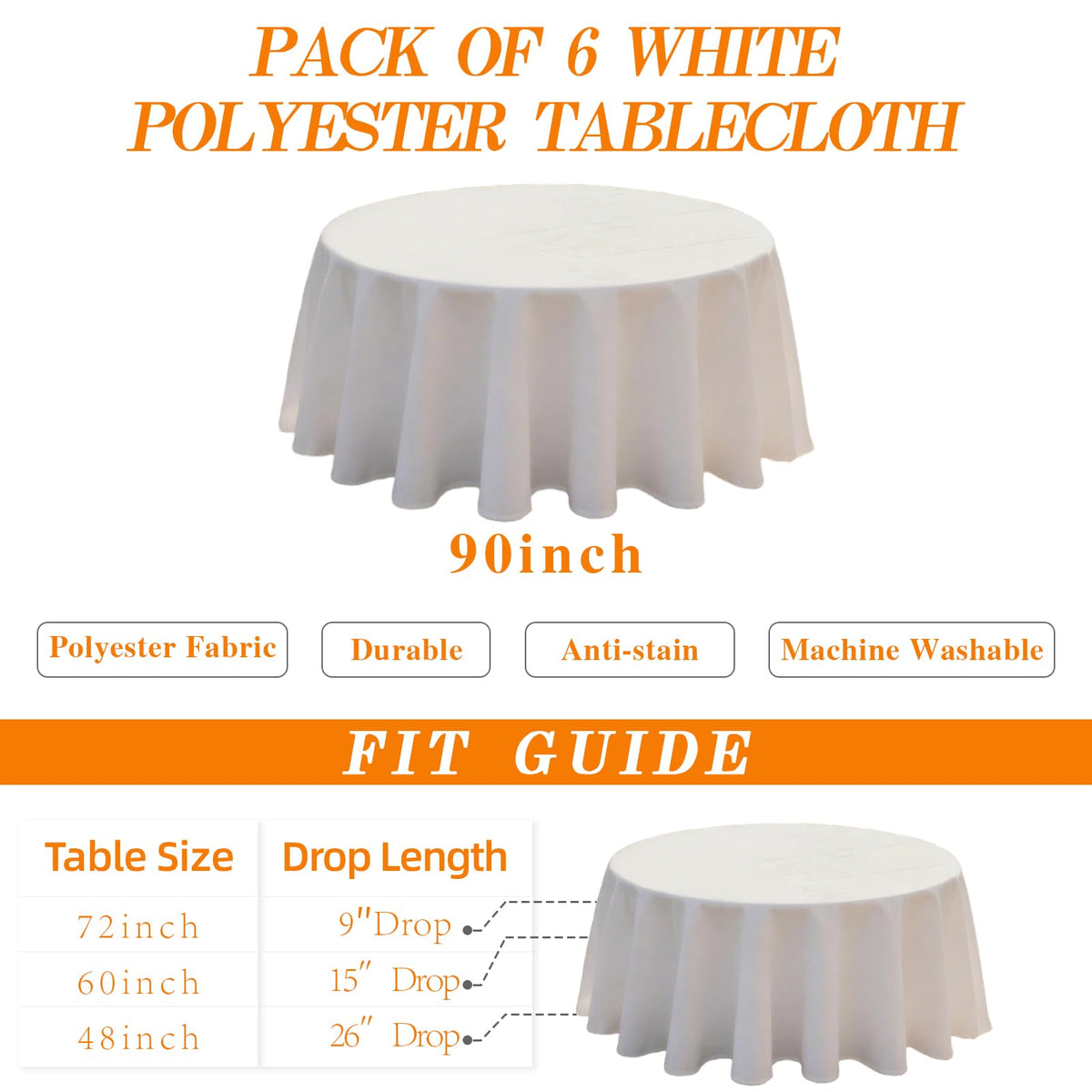 6 Pack White Table Cloth 90 Inch Round Cloth Fit 5FT Table