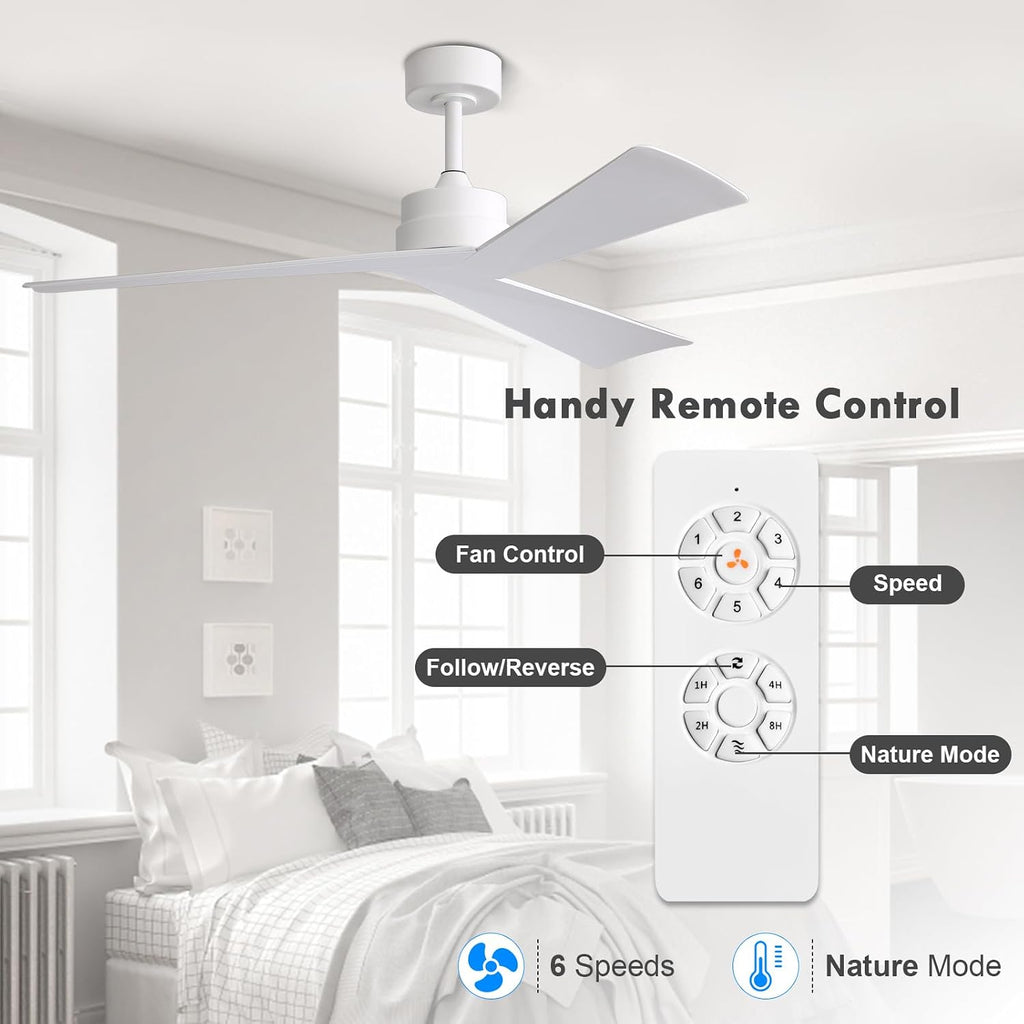 52" White Ceiling Fan with Remote, No Light