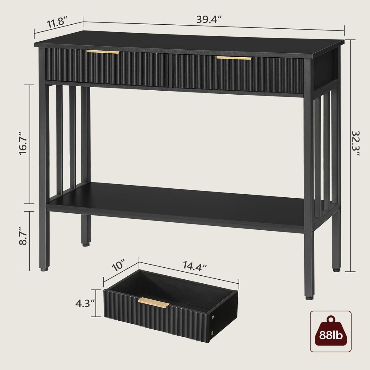 39.4" Console Table with 2 Drawers, Narrow Long Entry Table with Storage Shelf, 2-Tier Fluted Entryway Table with 2