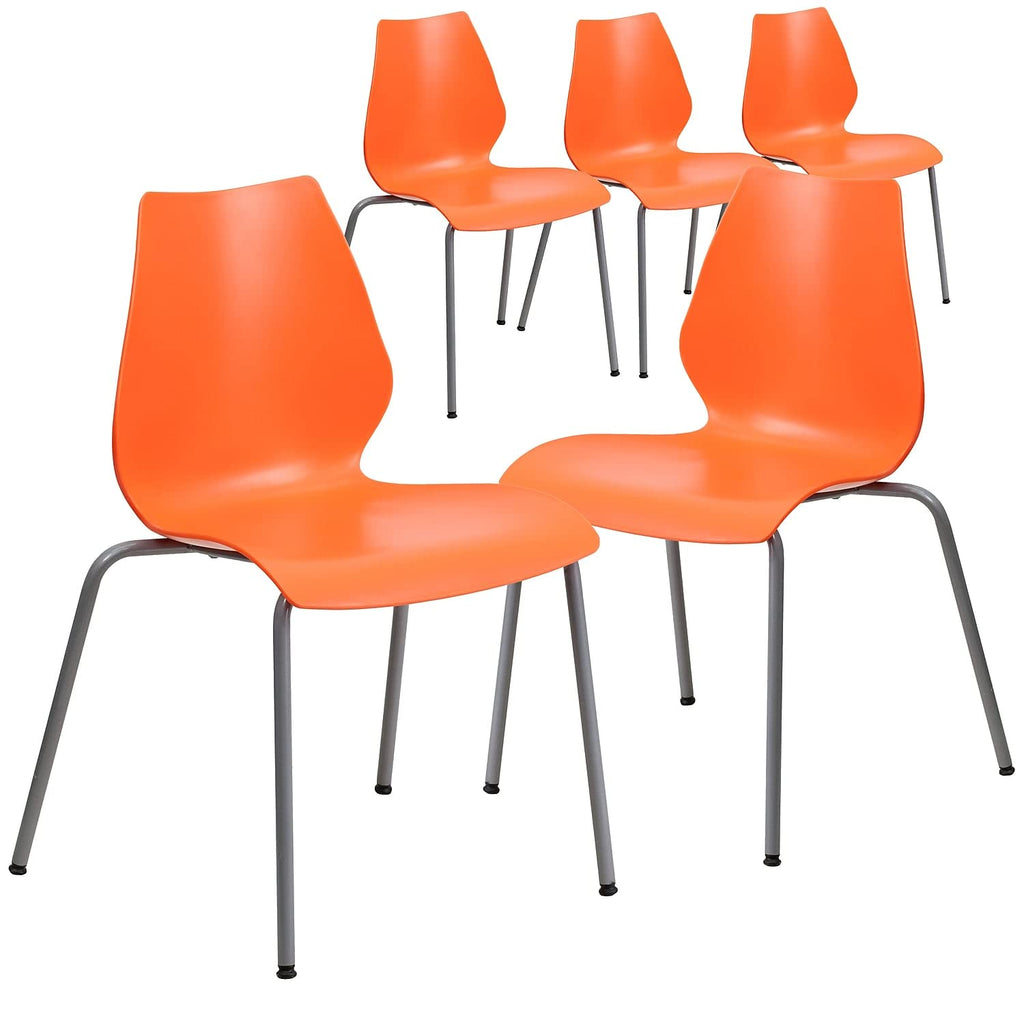 5 Pack HERCULES Series 770 lb. Capacity Orange Stack Chair with Lumbar Support and Silver Frame