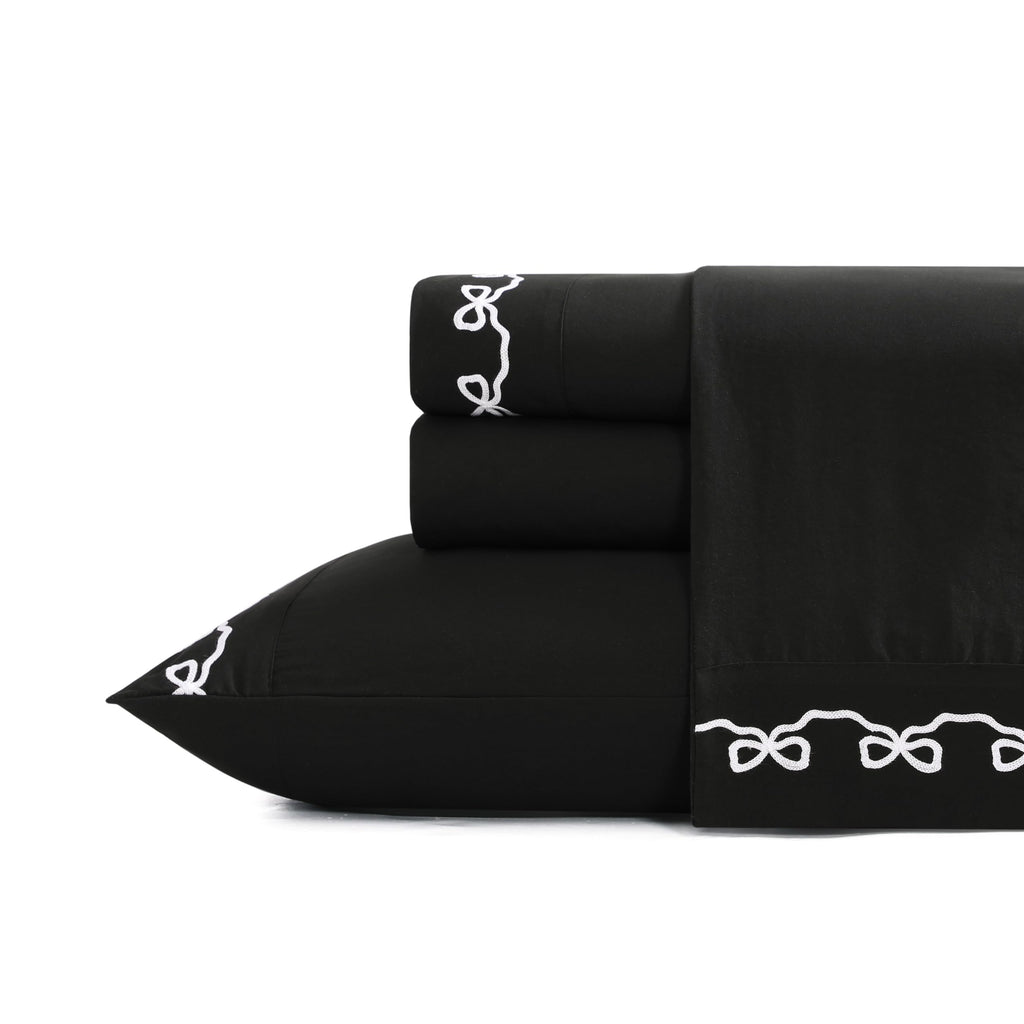 Embroidered 4-Piece Microfiber Sheet Set, Bow Black