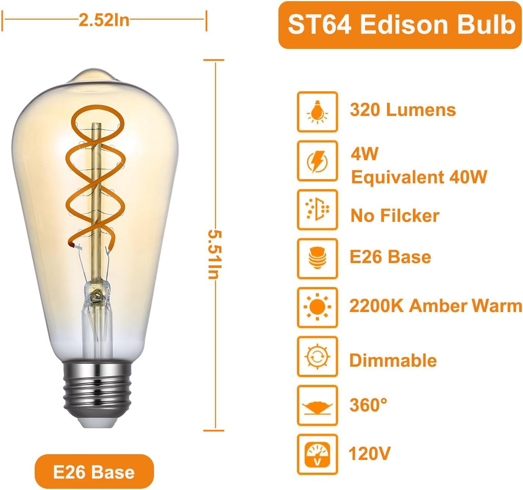 ST64 LED Edison Bulb Dimmable 4W 120V 2200K Amber Warm