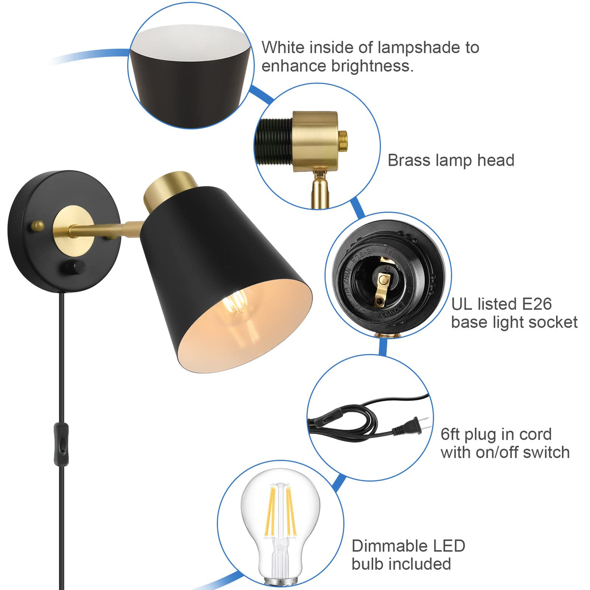 Wall Sconce Plug in, Dimmable Wall Sconces Adjustable Wall Lights with Plug in Cord and Dimmer On/Off Rotary Switch