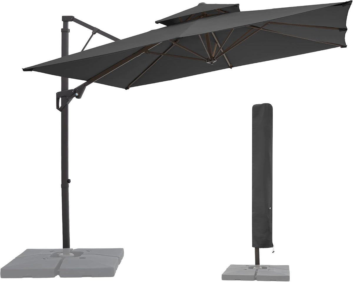 9x9 ft 2-Tier Cantilever Patio Umbrella, Large Square Outdoor Offset Umbrella with Double Top Vent and 360-degree - Gray
