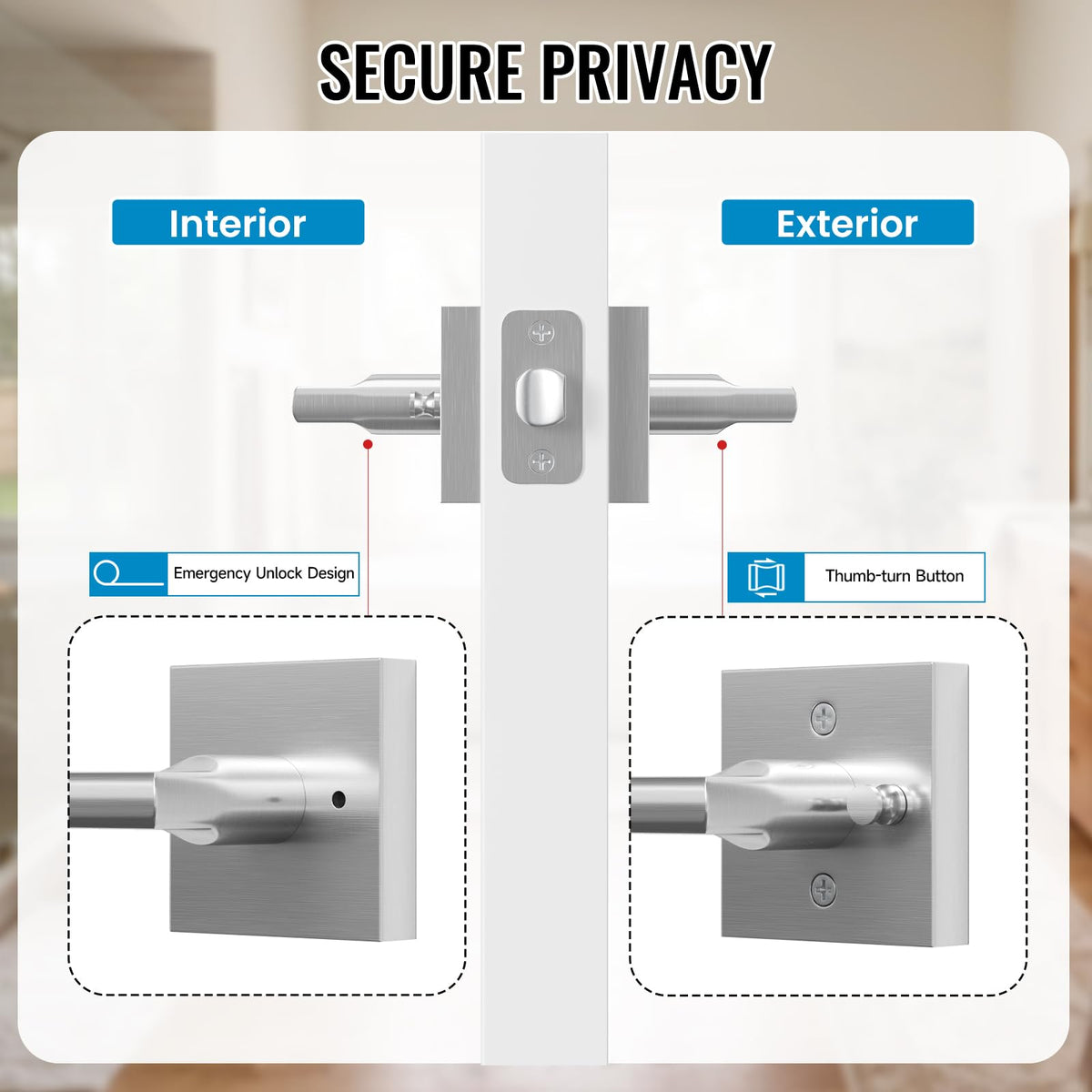 6 Pack Interior Privacy Door Handles, Satin Nickel Keyless Lockset