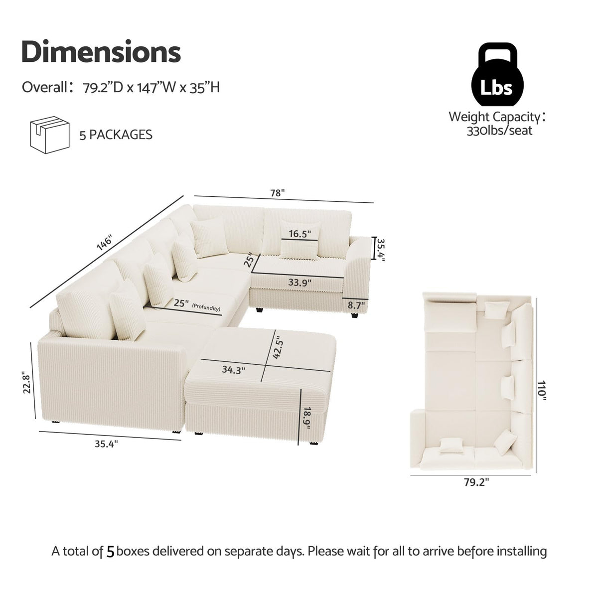 146" Modular Sectional Sofa, 6-Piece U-Shaped Couch with Ottoman