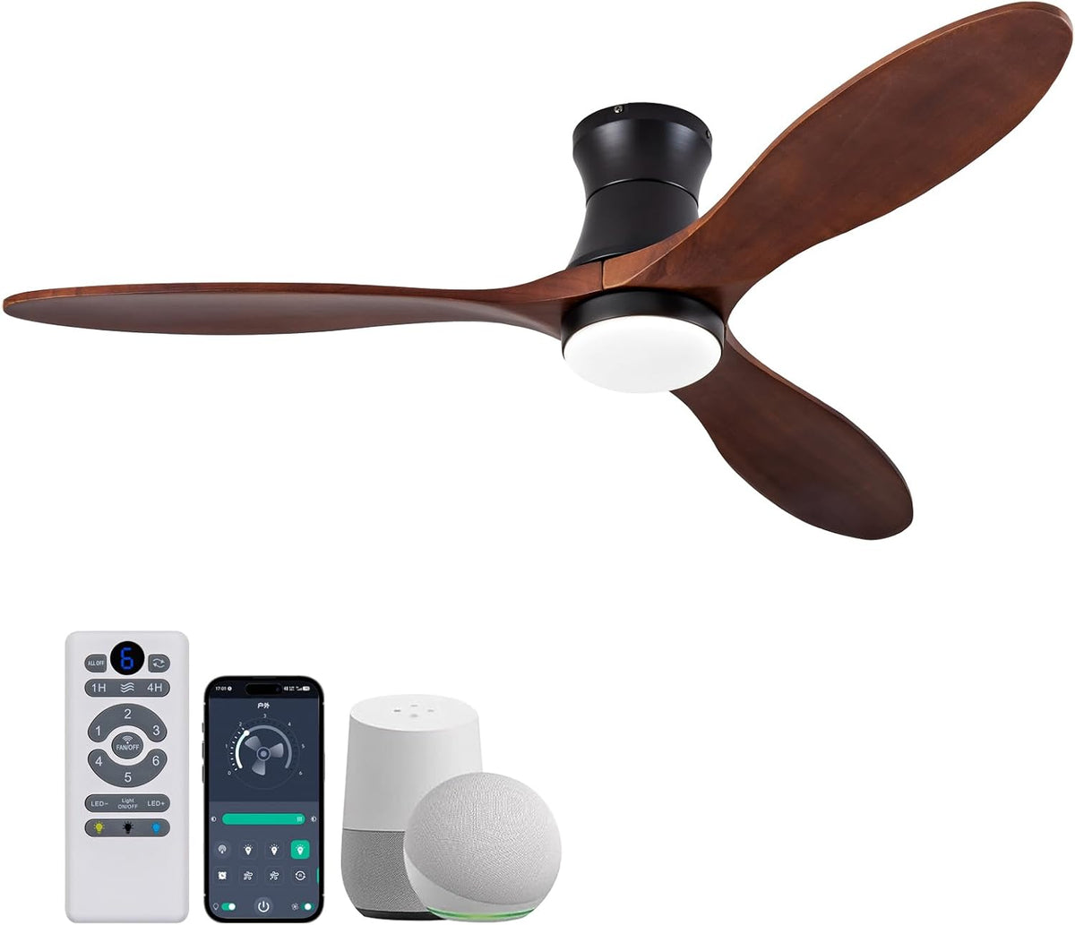 52-Inch Low-Profile Smart Ceiling Fan with LED Light and Solid Wood Blades