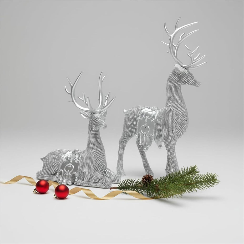 Gifts for Women Set of 2 Christmas Reindeer Statues 11.3" Gold Decorative Deer Sculptures Shelf Decor(Silver)