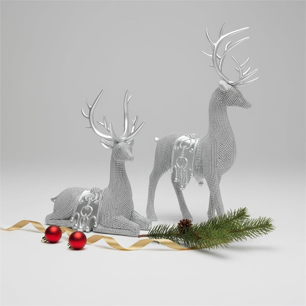 Gifts for Women Set of 2 Christmas Reindeer Statues 11.3" Gold Decorative Deer Sculptures Shelf Decor(Silver)