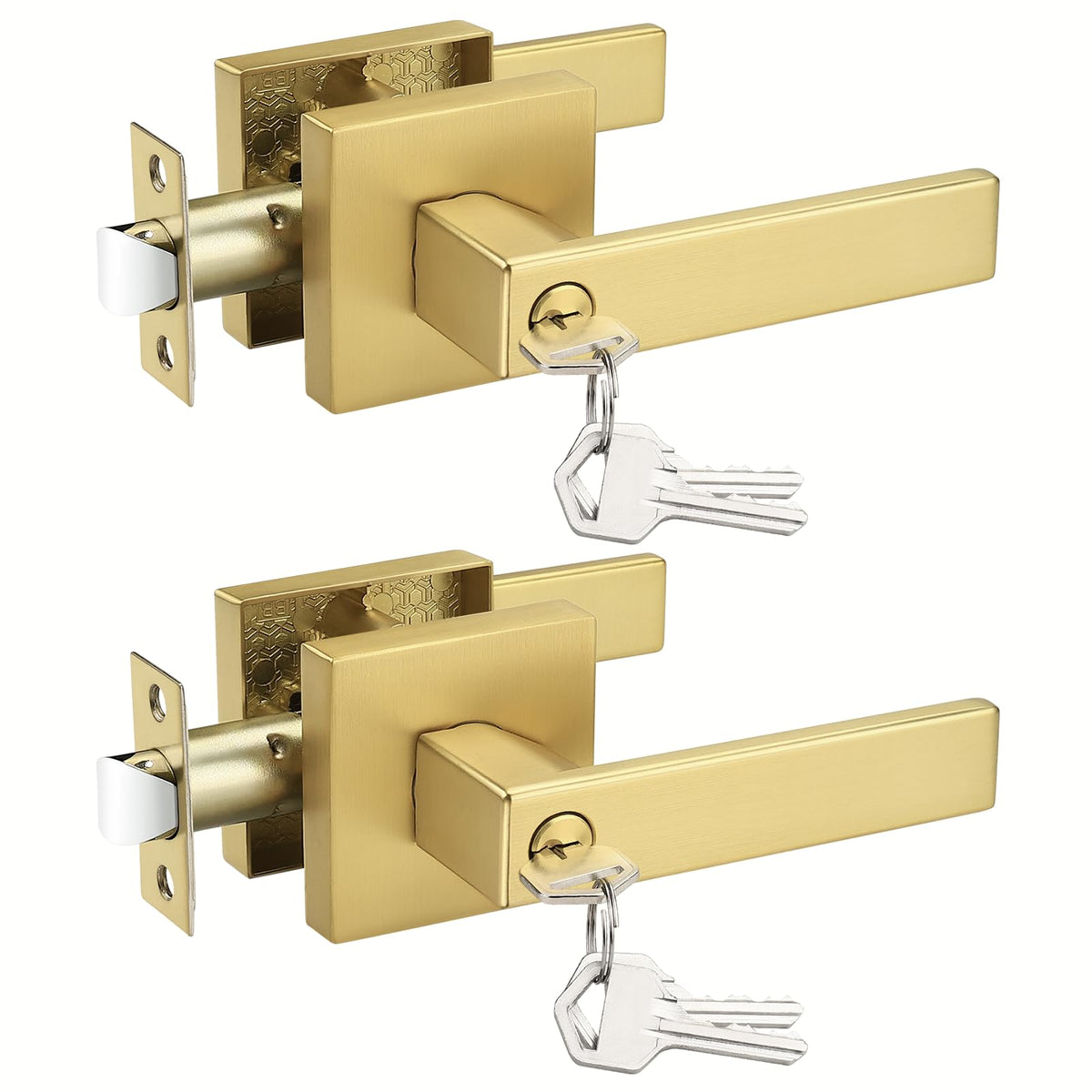 2 Pack Gold Entry Door Handles,Satin Brass Heavy Duty Interior Front Door Handles with Keys, Entrance Exterior