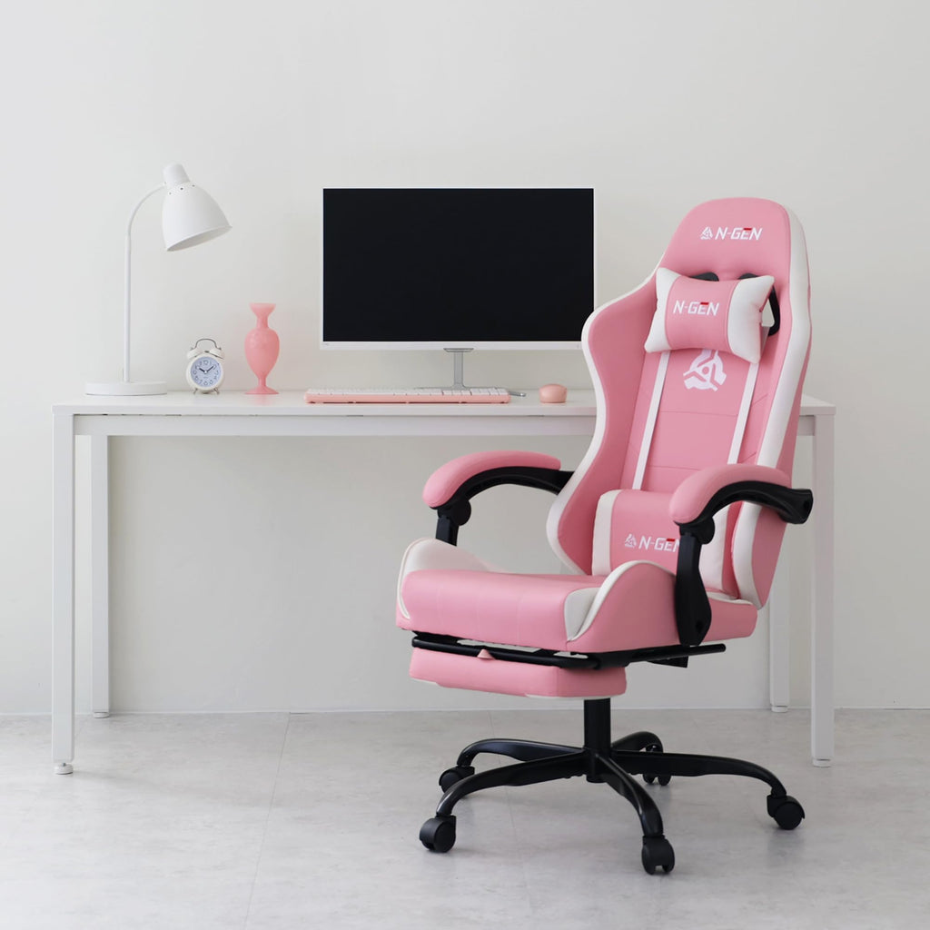 Gaming Chair with Footrest, Lumbar, High-Back, Pink White