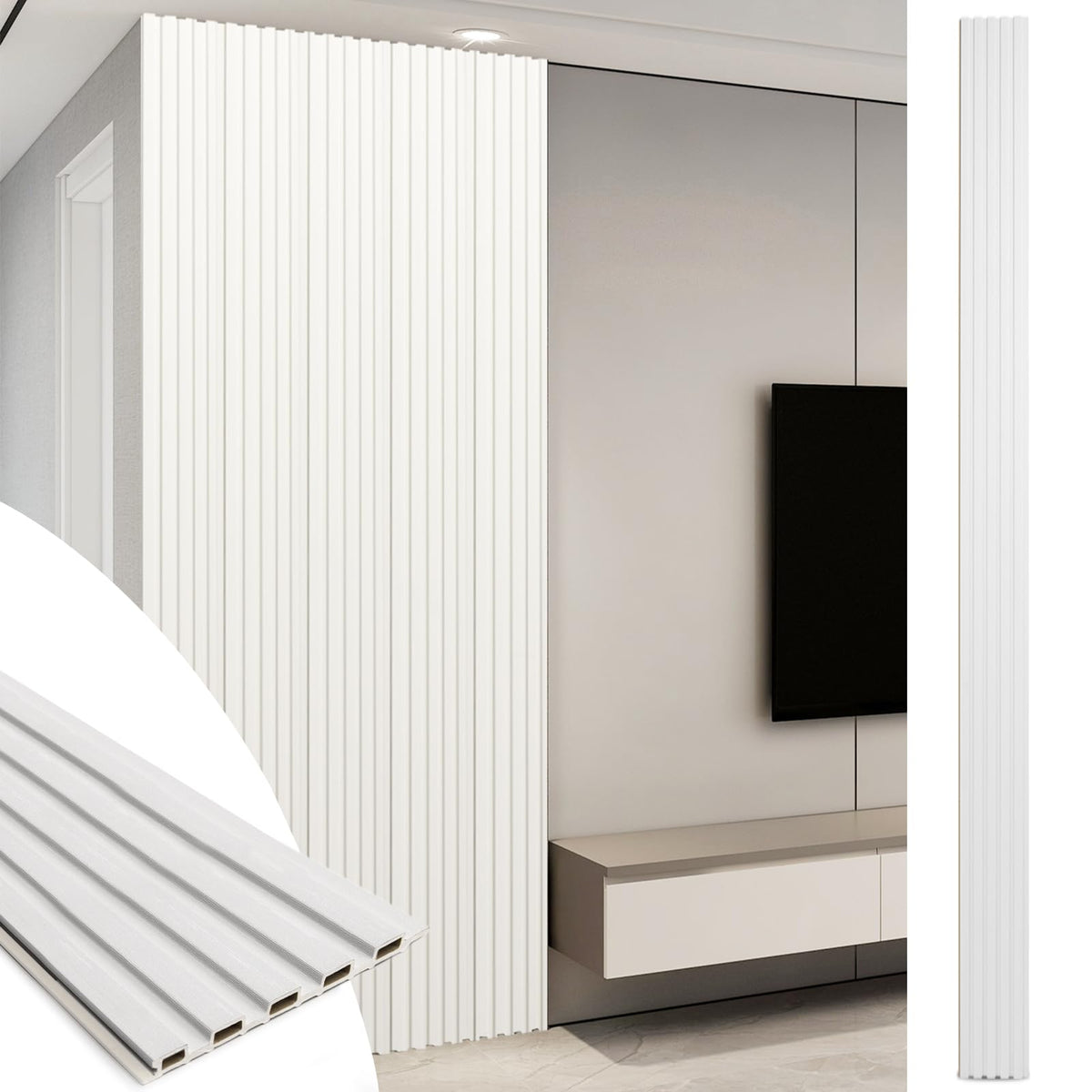 108 x 6 in WPC Wood Slat Wall Panels, 3D Wall Accents, 8-Pack, White