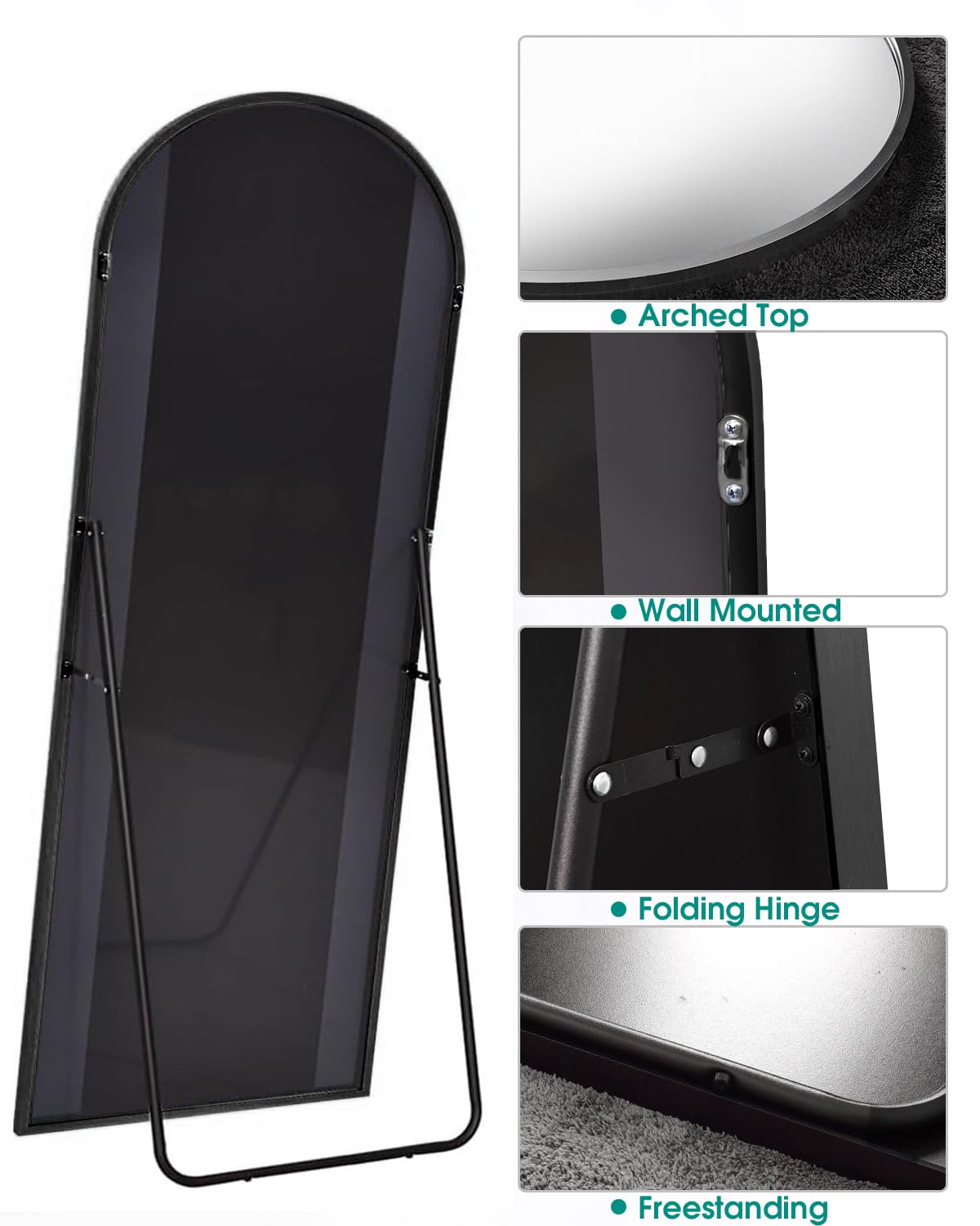 Arched Floor Mirror, 30" x 71" Oversized Full Body Mirror, Freestanding, Wall Mounted, Black