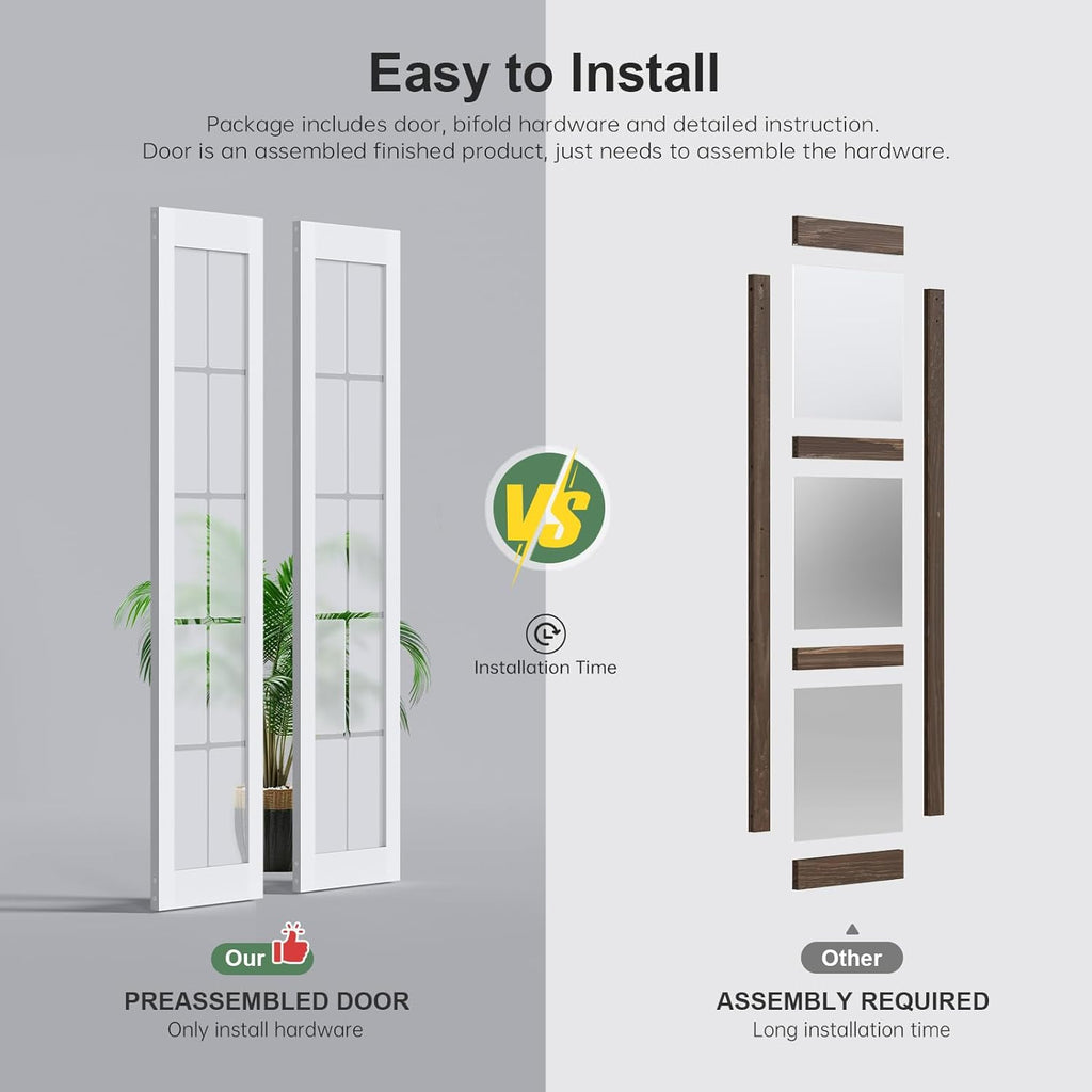 Bifold Barn Door 24x84 Inch (Double 12x84), Preassembled White Frosted Glass Cross Transparent Bifolding Door with 28"