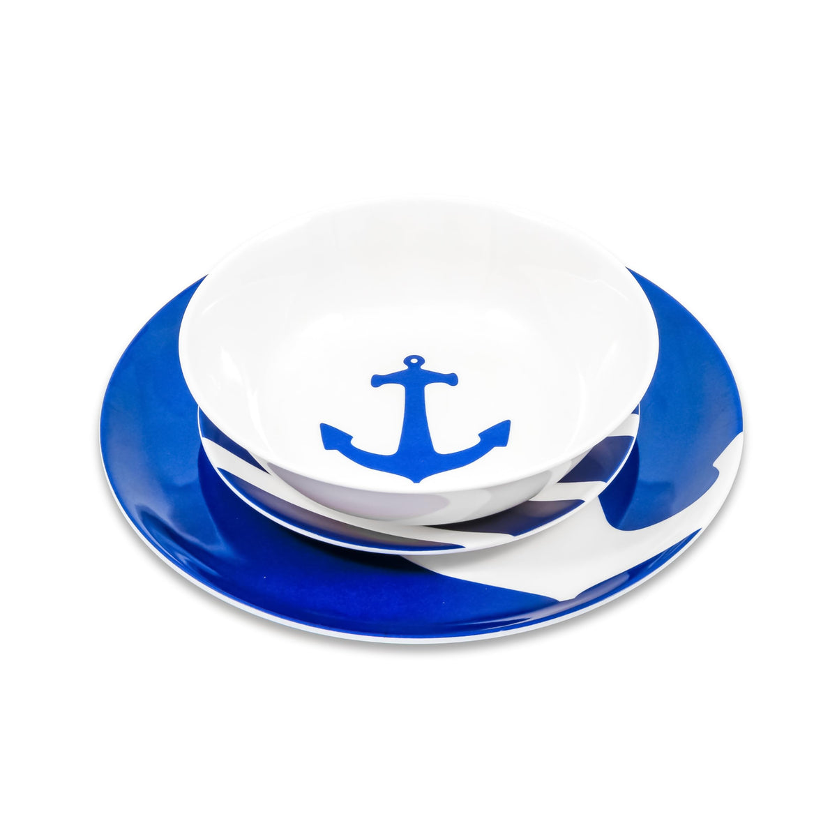 12 Piece Melamine Dishware Set - Features Blue and White Nautical Design - Includes 4 Bowls, 4 Salad Plates, & $