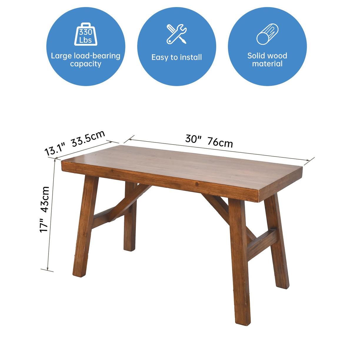 30" Solid Wood Farmhouse Bench - Rustic Entryway, Living & Dining Room Seating, Natural Finish