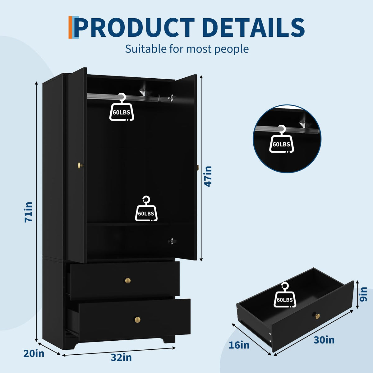 71" Armoire Wardrobe Closet Bedroom Armoire Clothing Storage Cabinet