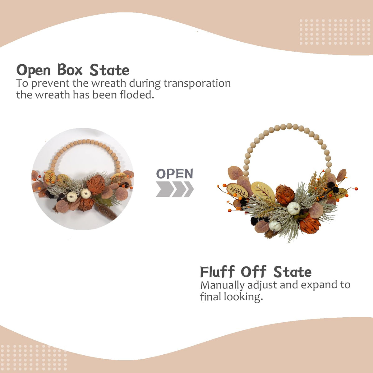 16" Artificial Fall Wooden Beads Wreath with Leaves, Chrysanthemums & Mini Pumpkins - Handcrafted Harvest Decor for