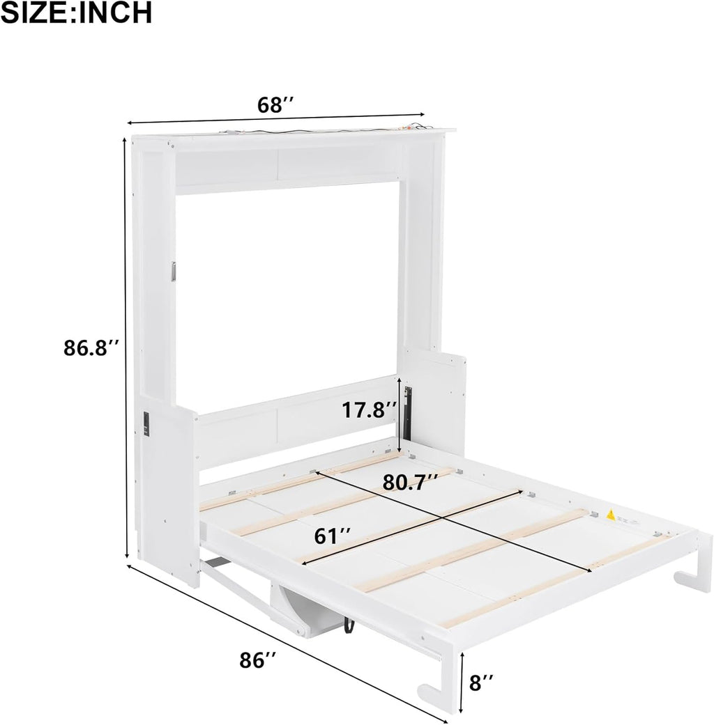 Queen Murphy Bed with Desk, LED Lights & USB Charging Station,Solid Wood Vertical Murphy Wall Bed Cabinet with Storage Shelves for Adults Bedroom Office Space-Saving (White,Queen)
