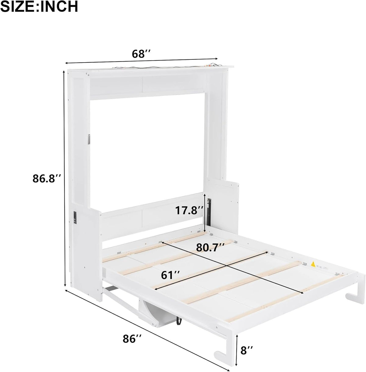 Queen Murphy Bed with Desk, LED Lights & USB Charging Station,Solid Wood Vertical Murphy Wall Bed Cabinet with Storage Shelves for Adults Bedroom Office Space-Saving (White,Queen)