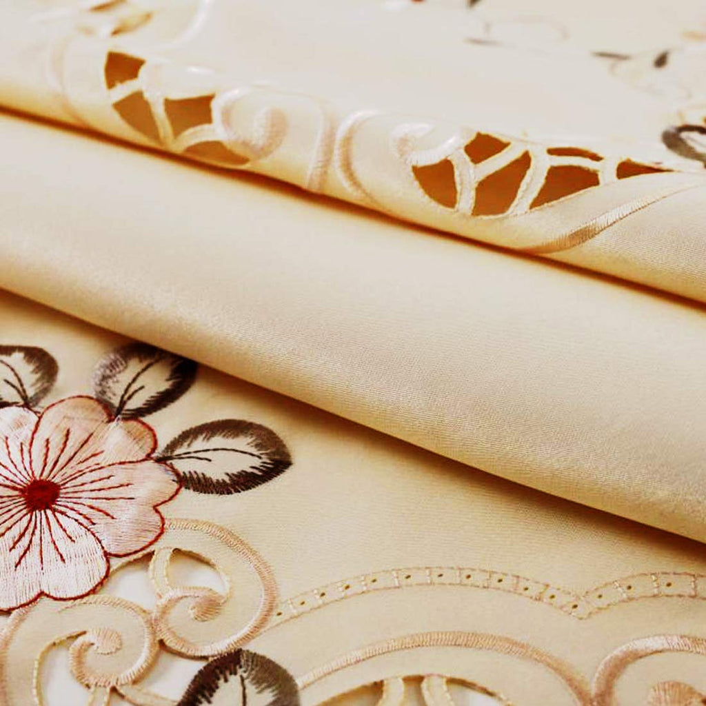 57" X 86" Oblong Beige Flower Embroidered Tablecloth, Vintage Classic Lace Floral Dining Table Cloth Table Cover