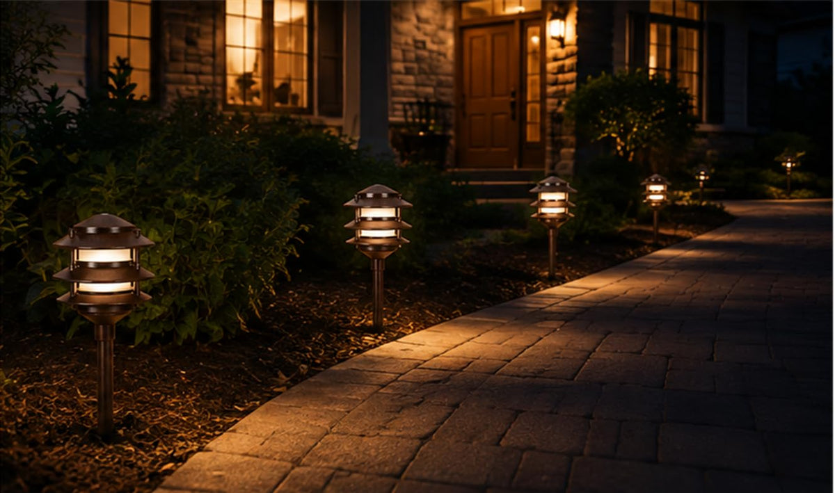 12 Low Voltage Landscape 3 Tier Cast Aluminum Pagoda Light, for Gardens, Walkways, Pathways & Yards (Rust)