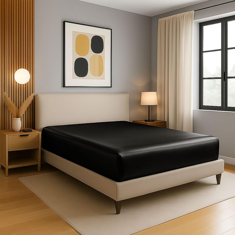 Mulberry Silk Fitted Sheet, 22 Momme Luxury Silk Bottom Sheet Fits 7-9" Deep Pocket(, Black)